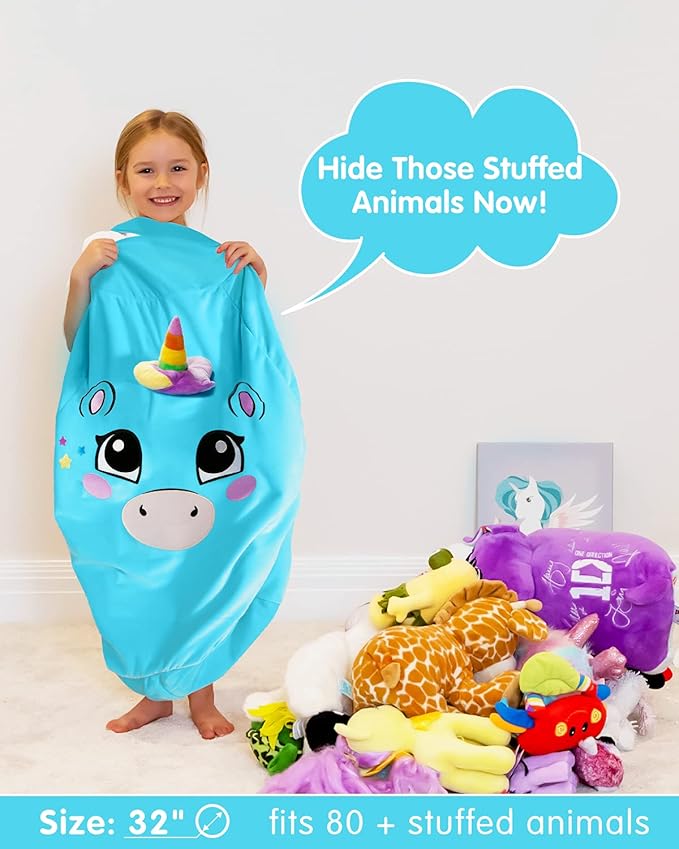 Aubliss Stuffed Animal Storage, Velvet Bean Bag Chairs Cover, Large 32" Ultra Soft Kids Toy Storage Organizer for Blankets Towels Clothes, Blue Big Eyes