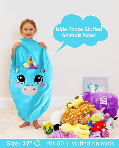 Aubliss Stuffed Animal Storage, Velvet Bean Bag Chairs Cover, Large 32" Ultra Soft Kids Toy Storage Organizer for Blankets Towels Clothes, Blue Big Eyes