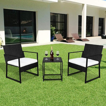 Outvita 3PCS Rattan Conversation Set, Outdoor Wicker Furniture Bistro Set 2 Chairs and Glass Top Table for Small Balcony Backyard Patio(Black)