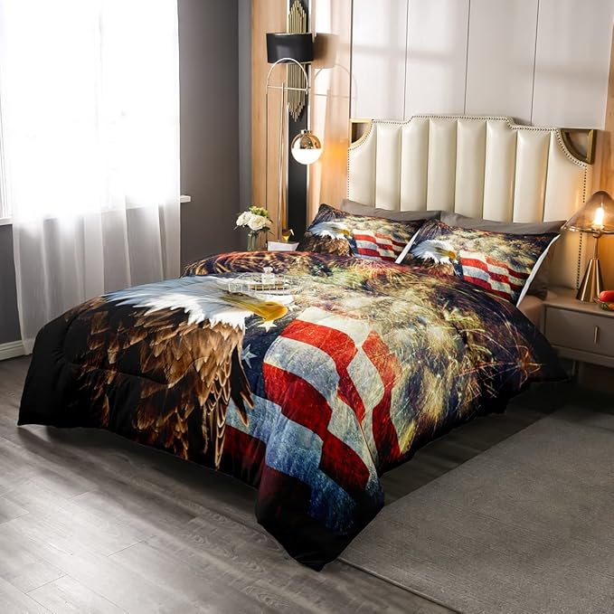 Erosebridal American Flag Comforter Eagle Room Decorative Comforter Set Queen Size Firework Bedding Set Wildlife Animal Bird Down Comforter Soft Lightweight Quilt Set with 2 Pillowcases