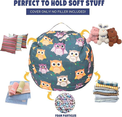 Stuffed Animal Storage Bean Bag Chair Cover, Hold Kids Plush Toys Blankets Towels Beanbag (Cover Only), Canvas Floor Circle Stuff Sit Seat Sofa with YKK Zipper, Extra Large 38", Owl