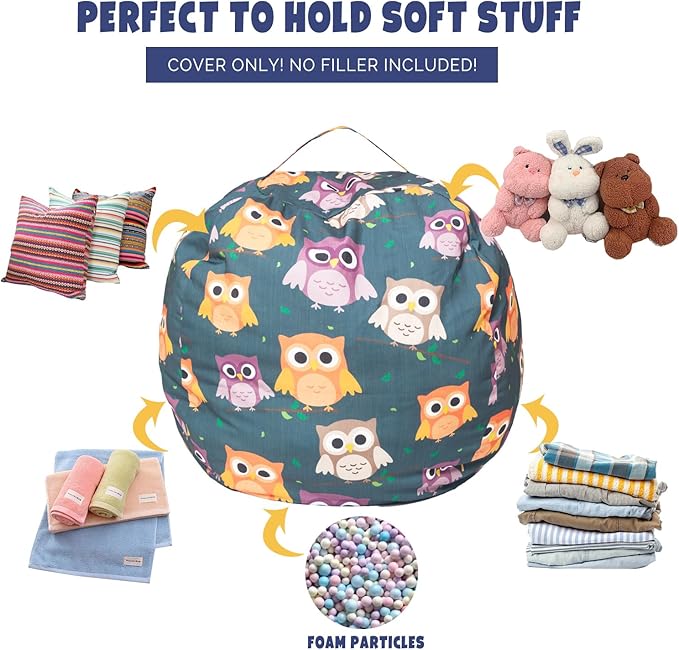 Stuffed Animal Storage Bean Bag Chair Cover, Hold Kids Plush Toys Blankets Towels Beanbag (Cover Only), Canvas Floor Circle Stuff Sit Seat Sofa with YKK Zipper, Large 32", Owl