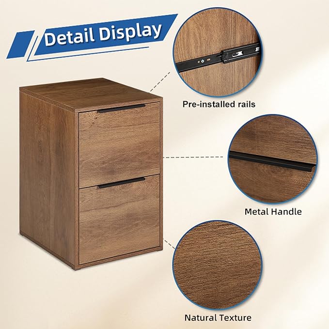 Wooden File Cabinet 2 Drawer,Vertical Storage Filing Cabinet with Hanging Bars for Letter Size,File Storage Cabinet Used for Home Office, Brown Assemble Required