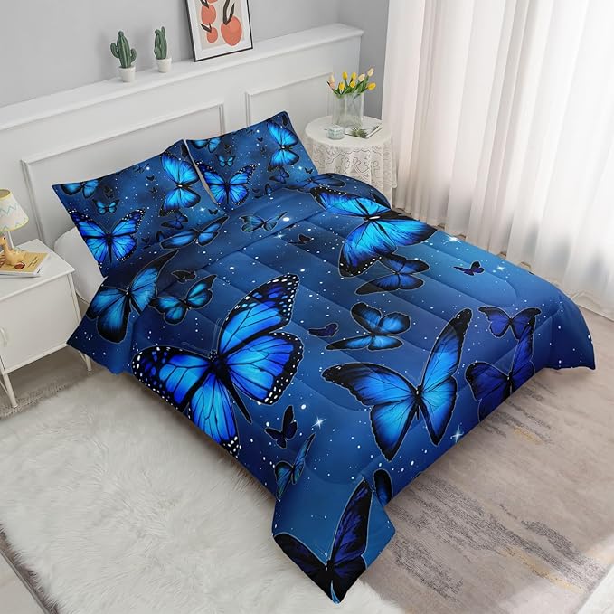 Datura home Blue Butterfly Comforter Set for Girls Women,Bright Blue Butterflies in Blue Sky with Stars Printed Bedding Set with 2 Pillowcases(Butterfly Blue Queen)