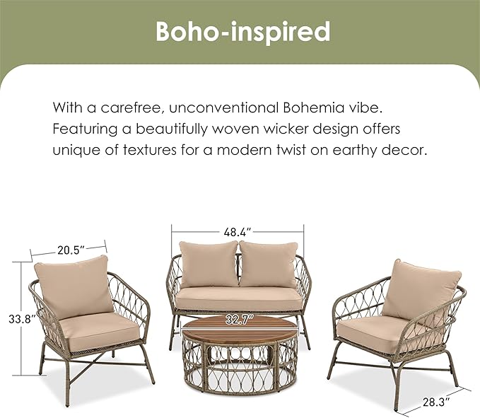 Merax Outdoor Patio Furniture Sets, Bohemia-Inspired Wicker Conversation Seating Group, with Soft Cushions and Wood Tabletop, 4 PCS, Beige