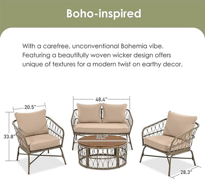 Merax Outdoor Patio Furniture Sets, Bohemia-Inspired Wicker Conversation Seating Group, with Soft Cushions and Wood Tabletop, 4 PCS, Beige