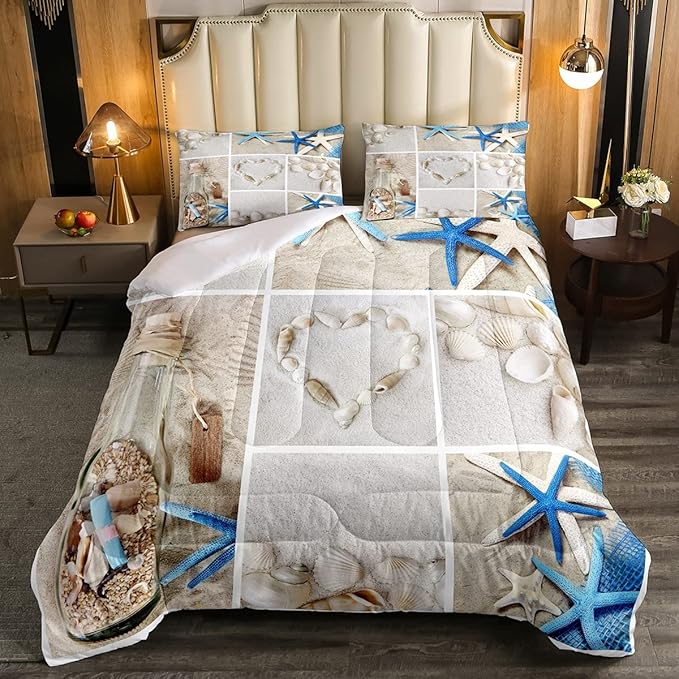 Erosebridal Beach Comforter Set, Ocean Themed Bedding Set Queen Size Coastal Nature Duvet Sets Starfish Love Heart Bedding Comforters for Kids Boys Girls Teens Adult Bedroom Decor