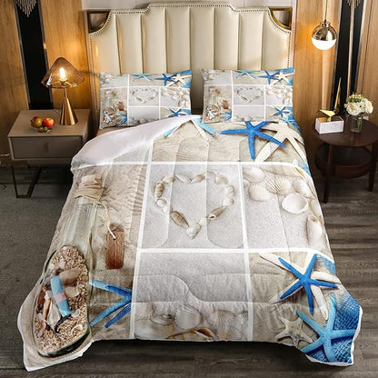 Erosebridal Beach Comforter Set, Ocean Themed Bedding Set King Size Coastal Nature Duvet Sets Starfish Love Heart Bedding Comforters for Kids Boys Girls Teens Adult Bedroom Decor
