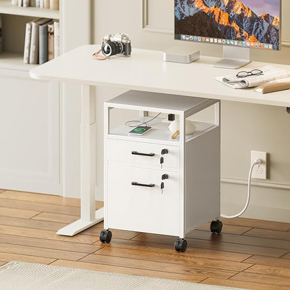 SUPERJARE File Cabinet with Lock & Charging Station, 2 Drawers Rolling Filing Cabinet, Office File Cabinet with Wheels & Open Shelf, for Home Office, A4/Letter Size Files - White