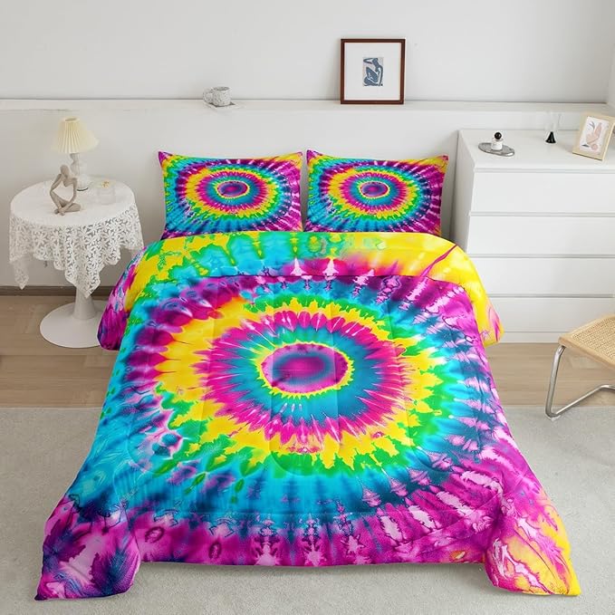 3 Piece Rainbow Tie Dye Comforter Set with 2 Pillowcases Boho Psychedelic Bedding Set for Kids Girls Teens Bohemian Gypsy Exotic Spiral Quilted Duvet Soft Comfy, Watercolor Art Down Comforter,Queen