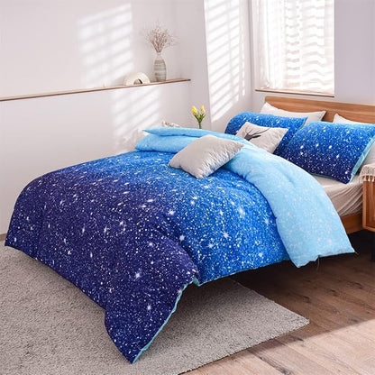 Holawakaka Kids Space Star Galaxy Bedding Comforter Set Twin/Twin XL Size Boys Girls Blue Indigo Ombre Print Gradient Glitter Stars Bed Sets (Blue, Twin)