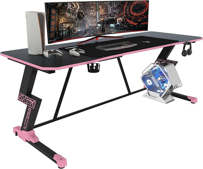 63 Inch Gaming Desk, with Carbon Fiber Surface, Lightning-Shaped PC Computer Table, with Headphone Holder, Cup Holder, Cable Management Box, Gaming Table for Gamer, Black&Pink