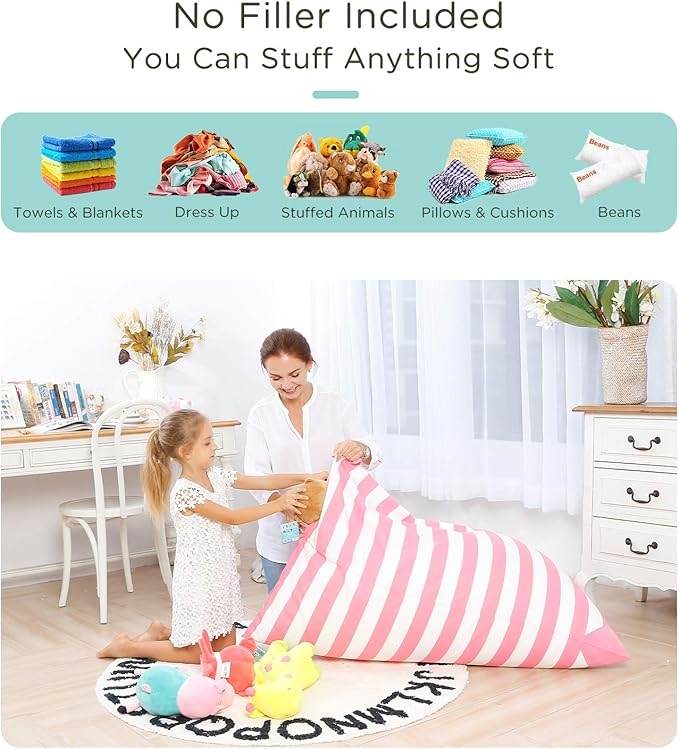Aubliss Stuffed Animal Storage Bean Bag Chairs Cover, 50"x 35" Extra Large Bean Bags Chair for Kids & Adults, Beanbag Toy Storage for Boys Girls - Premium Cotton Canvas Pink Stripe