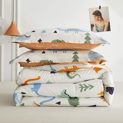 Joyreap 3pcs Cotton Comforter Set for Kids, Dinosaur Twin Size Cotton Bedding Comforter for Boys Girls, White n Orange Reversible Design, Soft n Cozy Comforter for All Season- 68x88 inches
