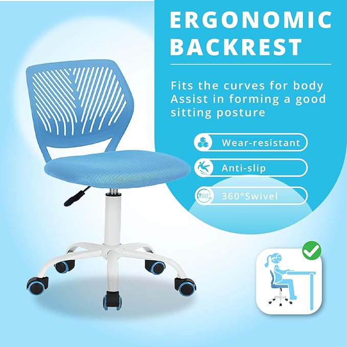 FurnitureR Writing Task Chair 360 Swivel,Low Mid PP Mesh Back Fabric Seat, Height Adjustable, Rolling Castor,W15.7”xD15.2”x H29.5-34.2",Blue