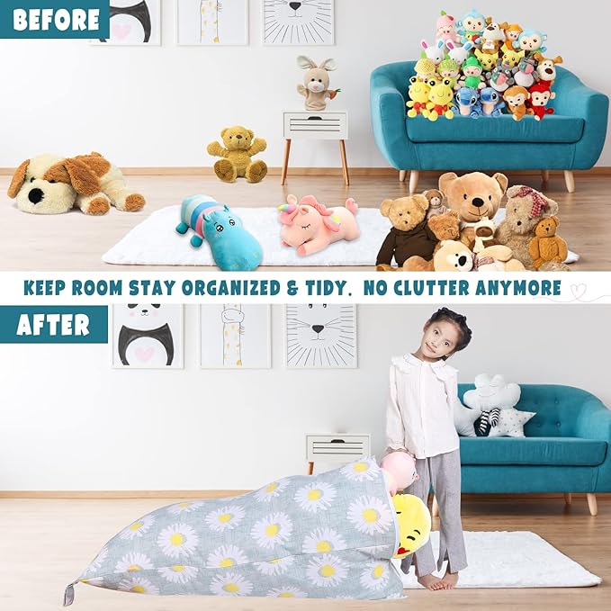 Stuffed Animal Storage Bean Bag Chair Cover, Canvas Daisy Plush Toy Storage Stuff and Sit Seat for Kids/Teens/Adults, 52" x 31" Extra Large Triangle Floor Sofa Lounger, 200L/52Gal, Cover Only