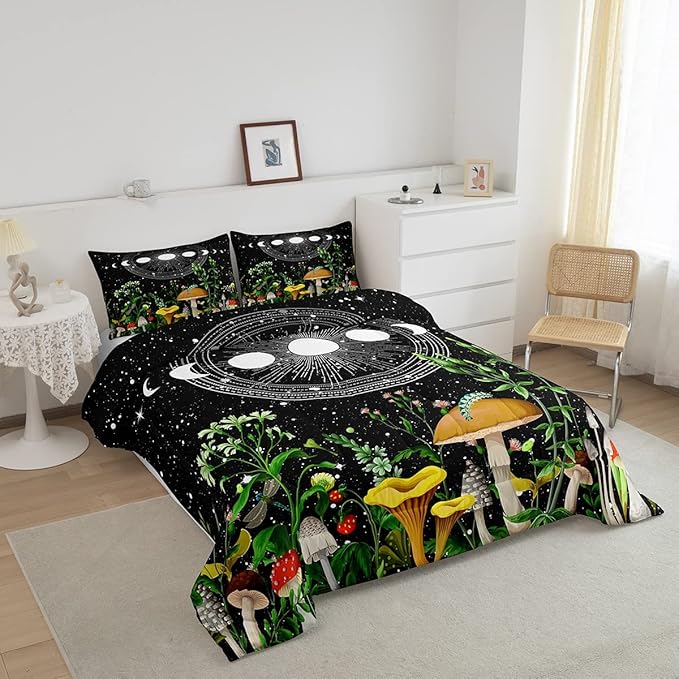 Cute Mushroom Comforter Set Sun Moon All Season Down Comforter for Kids Boys Girls Teens Trippy Decor Boho Galaxy Constellations Bedding Set Starry Sky Wild Flowers Quilt Room Decor King Size Boys