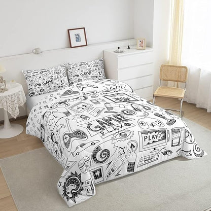 Erosebridal Gaming Comforter Set, Kids Gamepad Cartoon Bedding Set Video Games Gamers Duvet Set Queen Hip Hop Graffiti Quilt Set Racing Car Comforter Set, Black White Printed Bedroom Decor