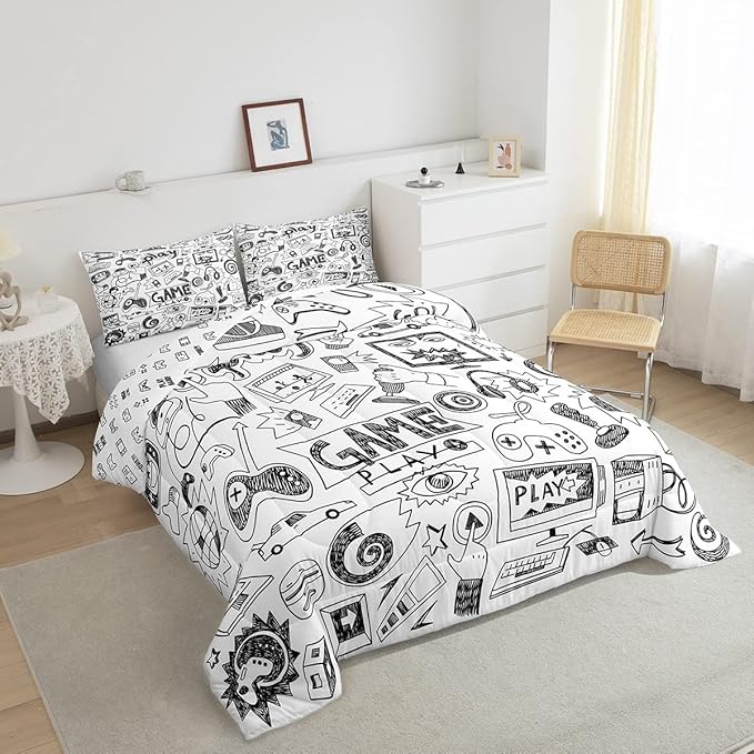 Erosebridal Gaming Comforter Set, Kids Gamepad Cartoon Bedding Set Full,Video Games Gamers Duvet Set Hip Hop Graffiti Quilt Set Racing Car Comforter Set, Black White Printed Bedroom Decor