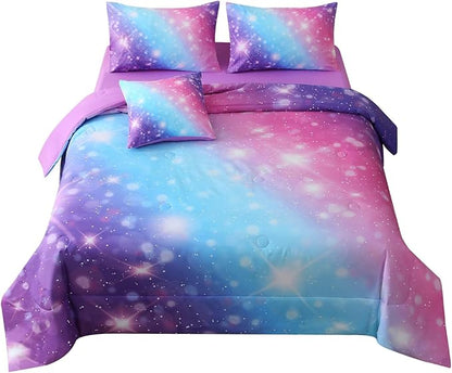 JQinHome Glitter Bedding Set Queen Size,6 Piece Bed in A Bag 3D Colorful Rainbow Galaxy Comforter Set for Girls Kids-All Season Microfiber Tie-Dye Bedding Sets (Blue Purple)