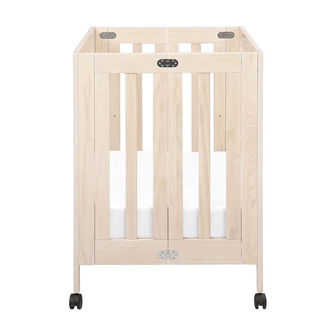 Babyletto Origami Mini Portable Crib Folding with Wheels in Washed Natural, 2 Adjustable Mattress Positions, Greenguard Gold Certified