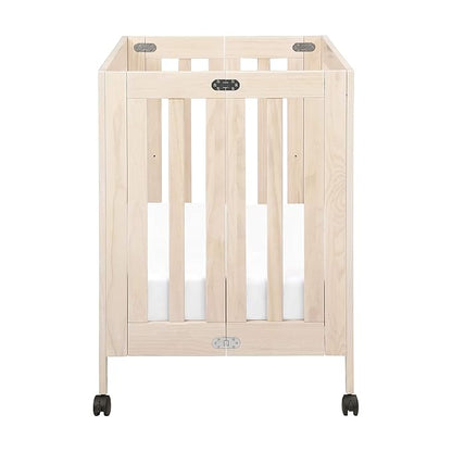 Babyletto Origami Mini Portable Crib Folding with Wheels in Washed Natural, 2 Adjustable Mattress Positions, Greenguard Gold Certified