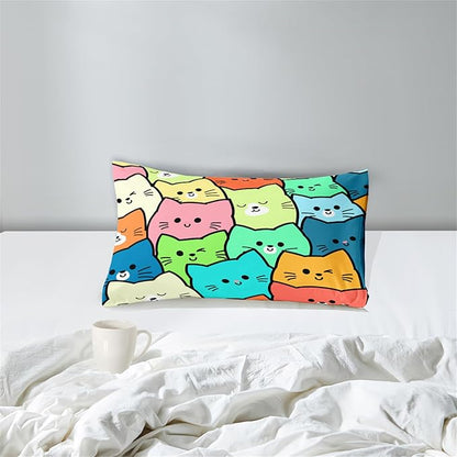 Cat Twin Comforter Set for Bedroom - 2Pcs Lovely Kitten Print Twin Bedding Set Cute Cat Patterns for Girls Boys Kids Warm Soft Breathable Cat Comforter with 1 Pillowcase for All Season, Twin Size