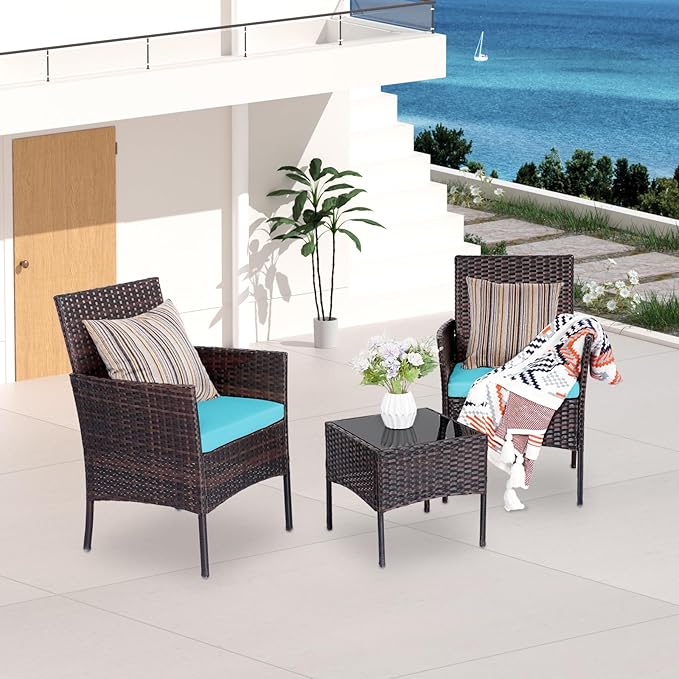 Patio Furniture Set 3 Pieces All-Weather Rattan Outdoor Furniture Patio Chairs with Tempered Glass Table for Porch Bistro Balcony Bistro Set(Brown/Blue)