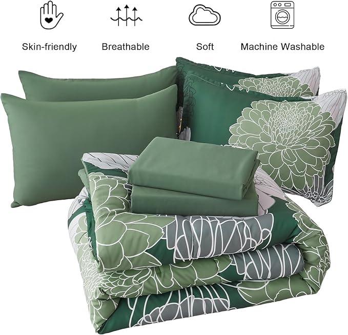 Yiran 7 Pieces Queen Floral Comforter Set,Emerald Green Bed in a Bag Flowers Comforter,Soft Microfiber Bedding Set with Comforter, Sheets, Pillowcases & Shams 90"×90"