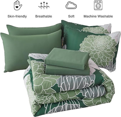 Yiran 7 Pieces Queen Floral Comforter Set,Emerald Green Bed in a Bag Flowers Comforter,Soft Microfiber Bedding Set with Comforter, Sheets, Pillowcases & Shams 90"×90"
