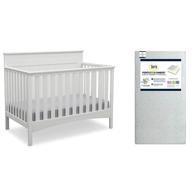 Delta Children Fancy 4-in-1 Crib, Bianca + Serta Perfect Slumber Dual Sided Recycled Fiber Core Crib and Toddler Mattress (Bundle)