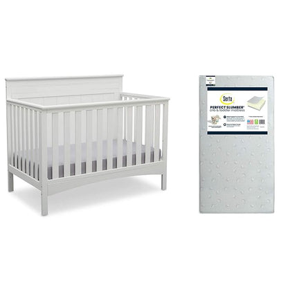 Delta Children Fancy 4-in-1 Crib, Bianca + Serta Perfect Slumber Dual Sided Recycled Fiber Core Crib and Toddler Mattress (Bundle)