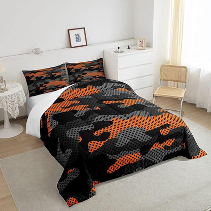 Erosebridal Army Camouflage Comforter Set Queen Size Teens Adult Camo Bedding Set for Kids Boys Girls Colorful Pattern Decor Down Comforter Orange Black Grey Duvet Set Geometric Pattern Quilt Set