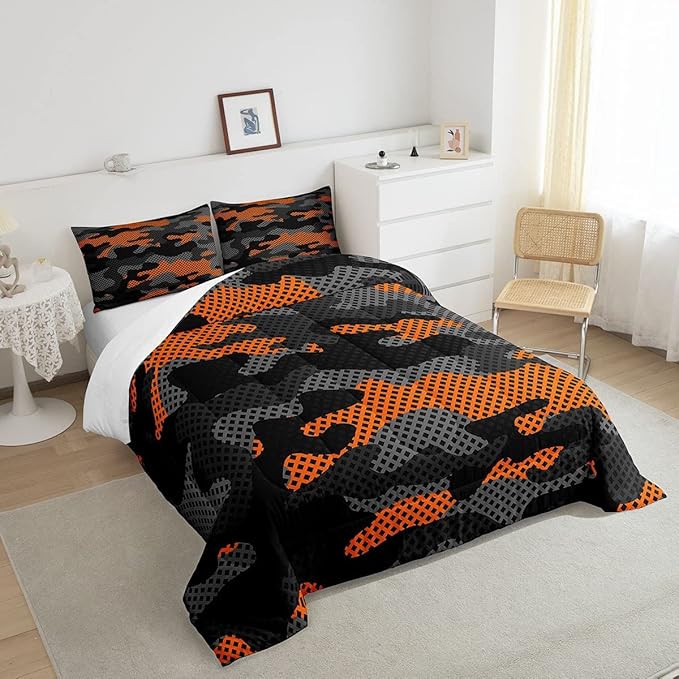 Erosebridal Army Camouflage Comforter Set Twin Size Teens Adult Camo Bedding Set for Kids Boys Girls Colorful Pattern Decor Down Comforter Orange Black Grey Duvet Set Geometric Pattern Quilt Set