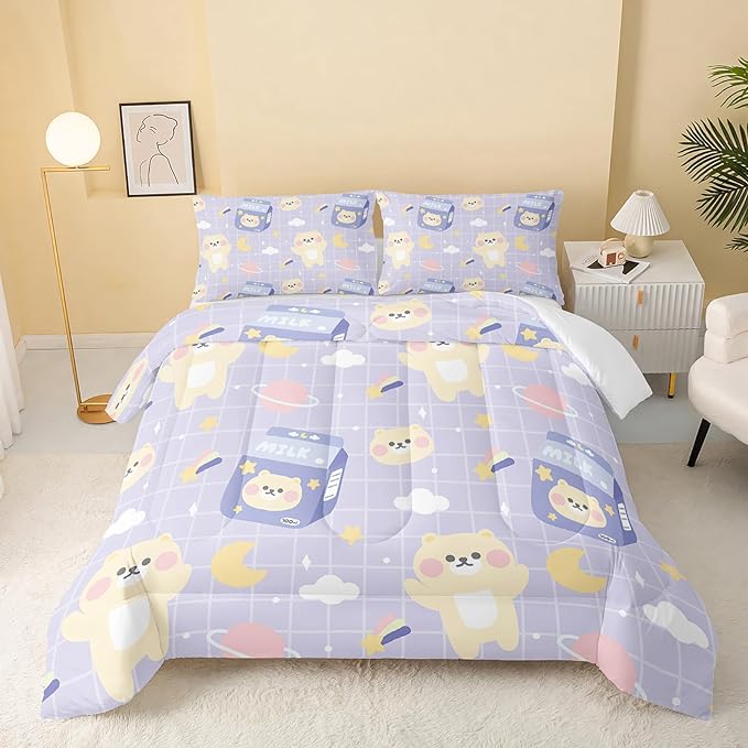 Bear Comforter Full Size,Kawaii Comforter Set for Kids Teens Girls,3Pcs Bedding Set Printed Comforter with 2 Pillowcases,Down Alternative,Soft and Lightweight(Purple，Full Size)