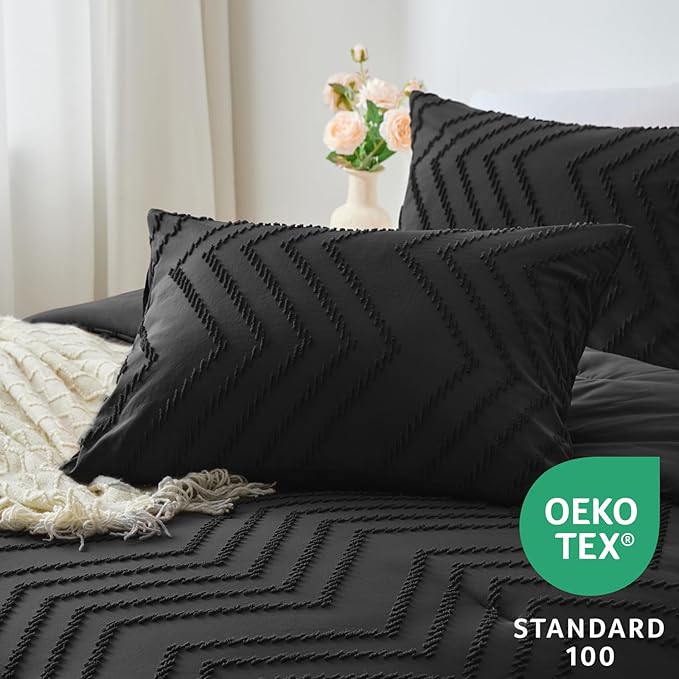 CozyLux Twin/Twin XL Size Comforter Set Black - 2 Pieces Black Boho Tufted Shabby Chic Bedding Comforter Set for All Seasons, Chevron Bedding Sets with Comforter & 1 Pillow Shams