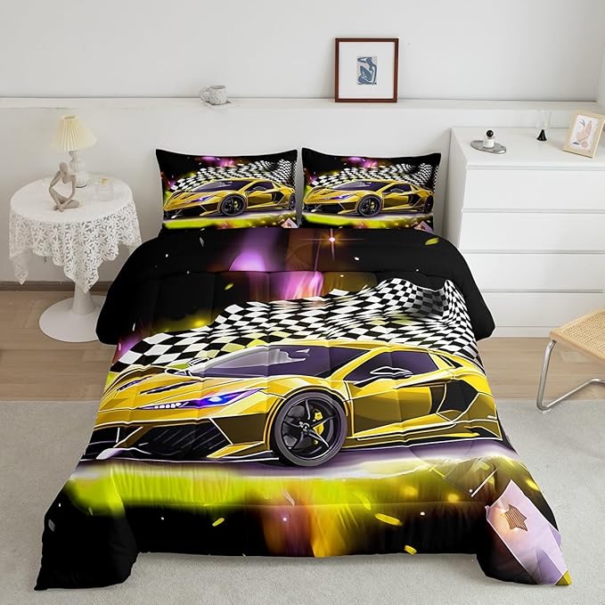 Yellow Sports Car Comforter Sets Full Size, Boys Race Car Bedding for Teens Girls Adult Extreme Speed Race Car Duvet Sets Black and White Grids Print Car Theme Bedroom Decor Quilts