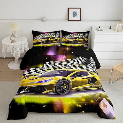 Feelyou Yellow Sports Car Comforter Sets Queen Size, Boys Race Car Bedding for Teens Girls Adult Extreme Speed Race Car Duvet Sets Black and White Grids Print Car Theme Bedroom Decor Quilts