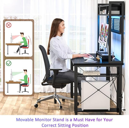 armocity 2024 Upgrade Gaming Desk with Hutch, 55.2'' Magic Computer Desk with LED Lights and Outlets, Reversible Workstation Desk with Pegboard and Monitor Stand, Gamer Desk PC Table, Black