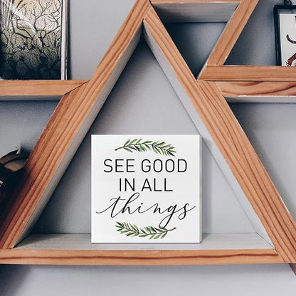 Home Office Desk Wooden Box Sign Decor, See Good in All Things, Inspirational Quotes Desk Decor Motivational Desk Decorations for Women Men Student Office Classroom School