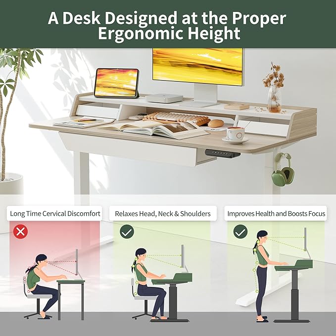 FEZIBO Standing Desk with Drawers, 48 x 25 Inch Adjustable Height Stand Up Desk with Storage Shelf, Home Office Desk with Monitor Stand, Light Walnut