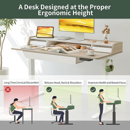FEZIBO Standing Desk with Drawers, 48 x 25 Inch Adjustable Height Stand Up Desk with Storage Shelf, Home Office Desk with Monitor Stand, Light Walnut