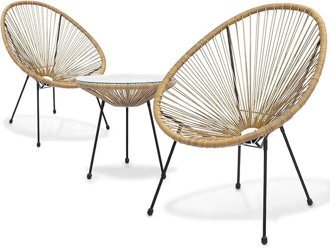 MoNiBloom 3 Piece Patio Set All Weather Outdoor Furniture Conversation Bistro Set with Plastic Rope, Glass Top Table and 2 Metal Steel Chairs for Garden Deck and Backyard Natural
