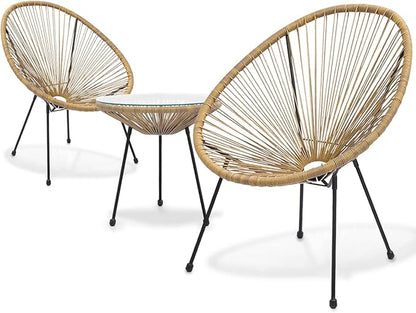 MoNiBloom 3 Piece Patio Set All Weather Outdoor Furniture Conversation Bistro Set with Plastic Rope, Glass Top Table and 2 Metal Steel Chairs for Garden Deck and Backyard Natural