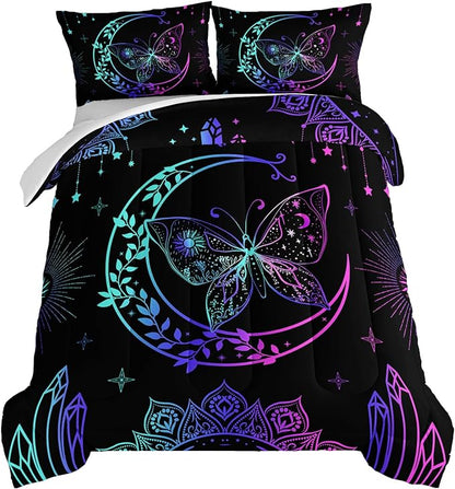 HOSIMA Butterfly Comforter Set 3Piece with 2 Pillowcases,Black Comforter Butterfly Aesthetics Room Decor,Boho Mandala Comforter Butterfly Bedding Set for Girls,Bohemian Queen Comforter Set.