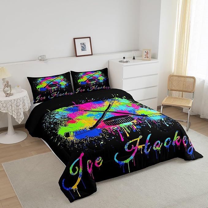 Kids Ice Hockey Comforter Set Full Size Gaming Sports Bedding Set for Boys Girls Teens Bedroom Decor Ice Sports Games Tie Dye Comforter Hockey Player Duvet Set with 2 Pillow Case