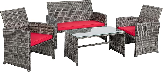 Shintenchi 4-Piece Outdoor Gray Wicker Patio Conversation Furniture Set, Rattan Patio Furniture Set with Weather Resistant Cushions and Tempered Glass Tabletop,Red