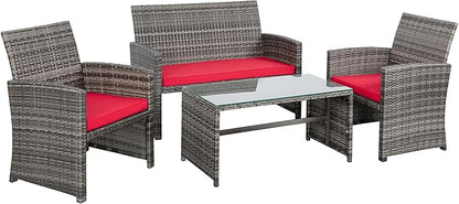 Shintenchi 4-Piece Outdoor Gray Wicker Patio Conversation Furniture Set, Rattan Patio Furniture Set with Weather Resistant Cushions and Tempered Glass Tabletop,Red