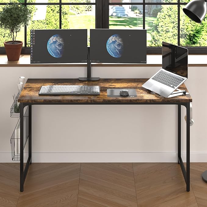 yoyomax Computer Desk, 55 Inch Home Office Desk, Wood Simple Style Student Writing Desk, Study PC Table with Storage Basket and Headphone Hooks, Rustic Brown