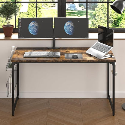 yoyomax Computer Desk, 55 Inch Home Office Desk, Wood Simple Style Student Writing Desk, Study PC Table with Storage Basket and Headphone Hooks, Rustic Brown